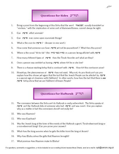 Questions on the Sidra — Parshas Tazria