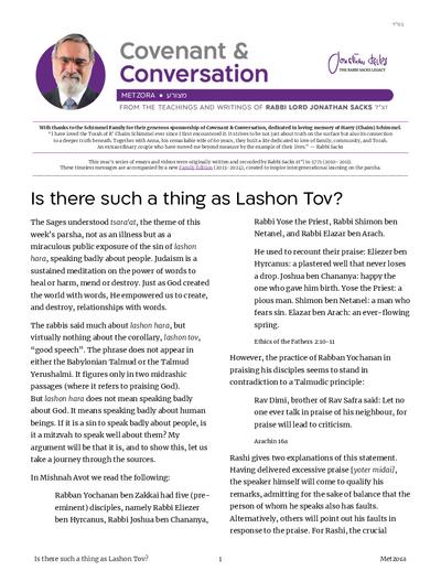 Covenant & Conversation — Parshas Metzora