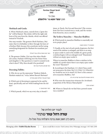 יש לתמוה — Parshas Chayei Sarah