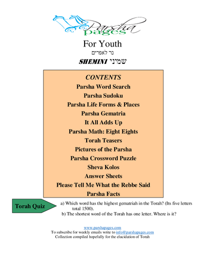 Parsha Pages Youth — Parshas Shemini