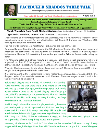 Facebuker Shabbos Table Talk — Parshas Va'eira