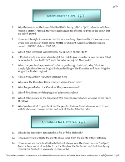 Questions on the Sidra — Parshas Chukas