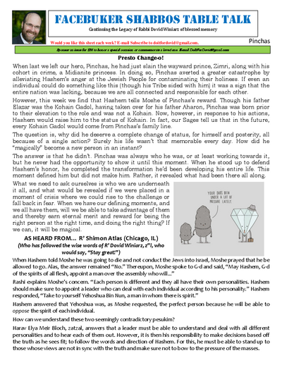 Facebuker Shabbos Table Talk — Parshas Pinchas