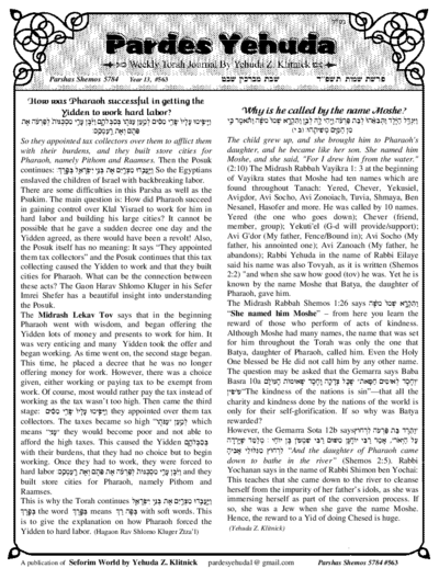 Pardes Yehuda — Parshas Shemos