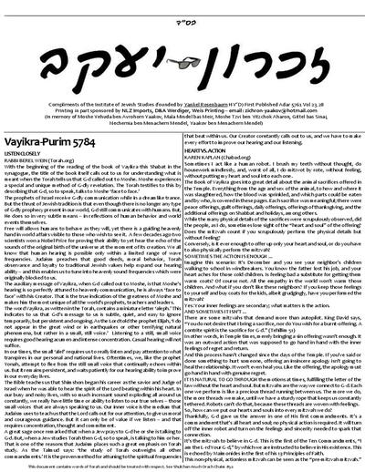 זכרון יעקב — Parshas Vayikra