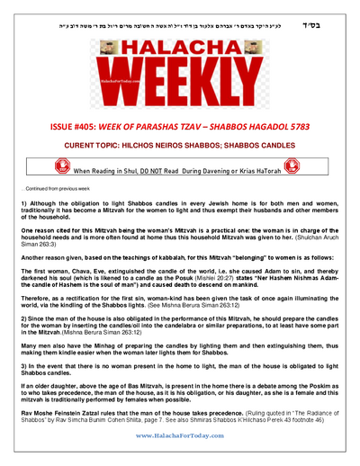 Halacha Weekly — Parshas Tsav