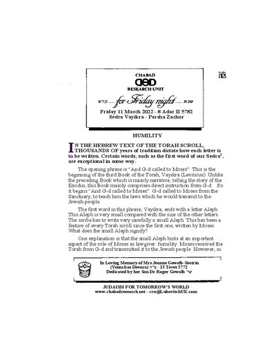 Chabad Research Unit — Parshas Vayikra