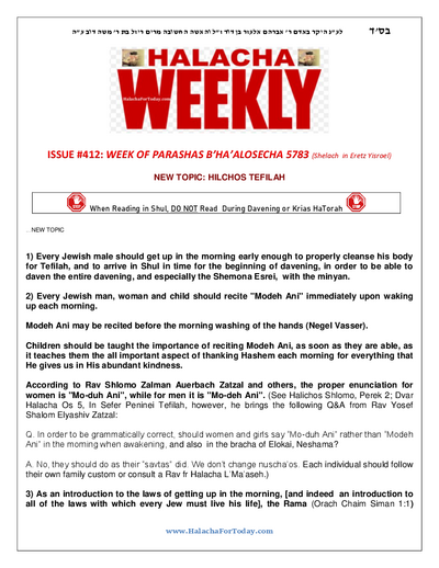 Halacha Weekly — Parshas Behaalotcha