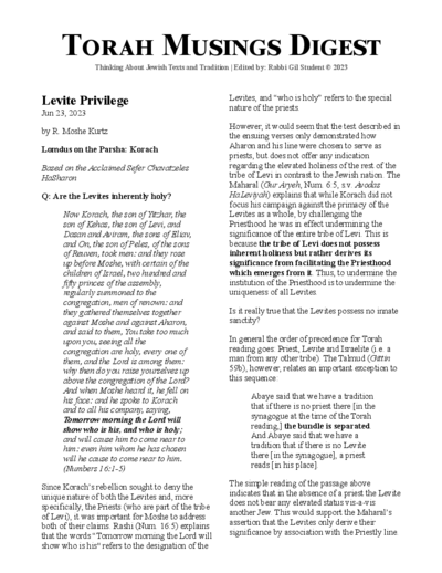 Torah Musings — Parshas Korach