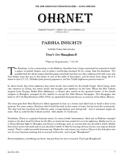 OHRNET — Parshas Toldos