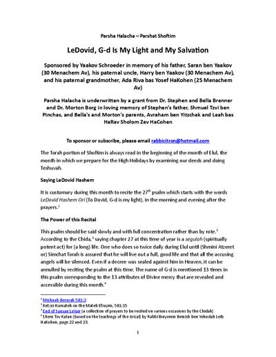 Parsha Halacha — Parshas Shoftim