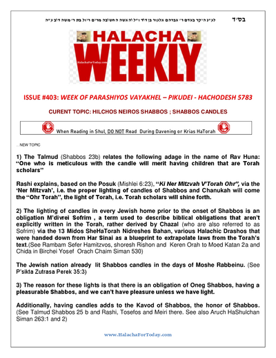 Halacha Weekly — Parshas Vayak'hel-Pekudei