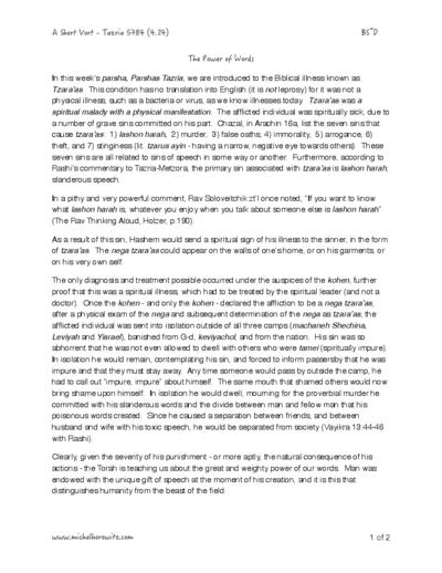 Michal Horowitz - Shiurim & Classes — Parshas Tazria