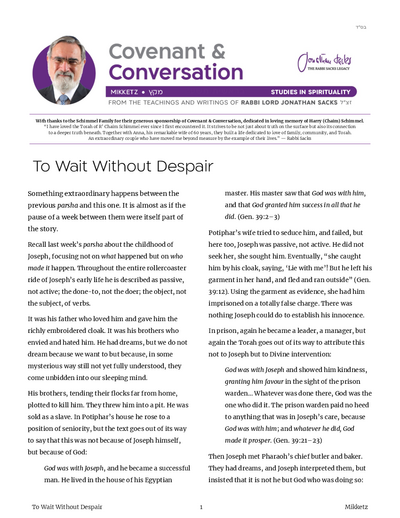 Covenant & Conversation — Parshas Mikeitz
