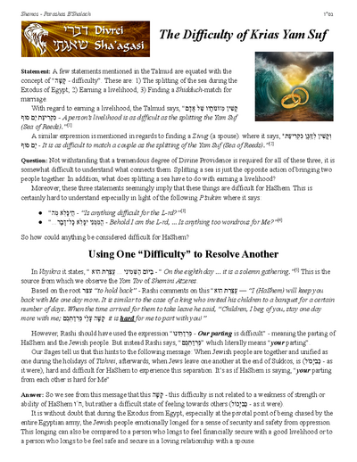 Divrei Shaagasi — Parshas Beshalach