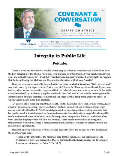 Covenant & Conversation — Parshas Pekudei