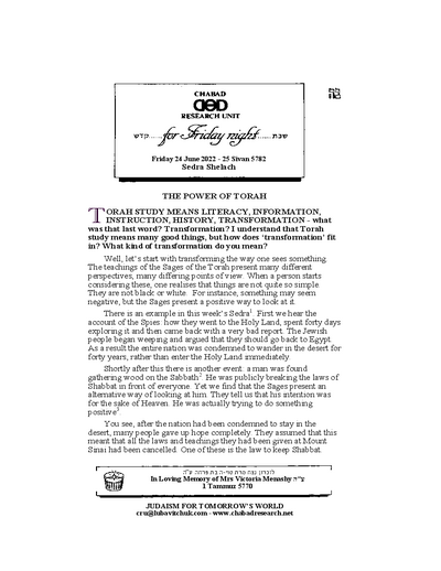 Chabad Research Unit — Parshas Shlach