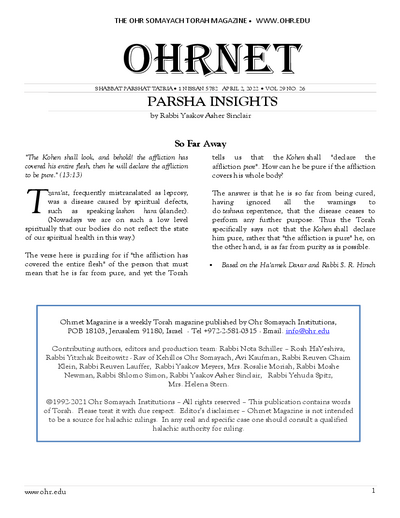 OHRNET — Parshas Tazria