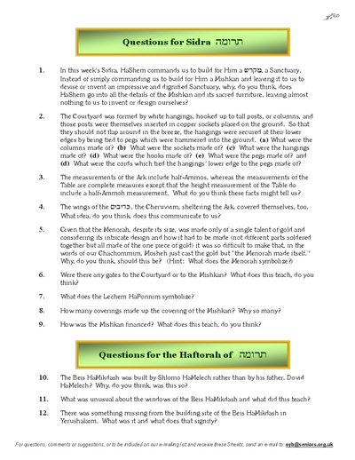 Questions on the Sidra — Parshas Terumah