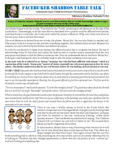 Facebuker Shabbos Table Talk — Parshas Metzora