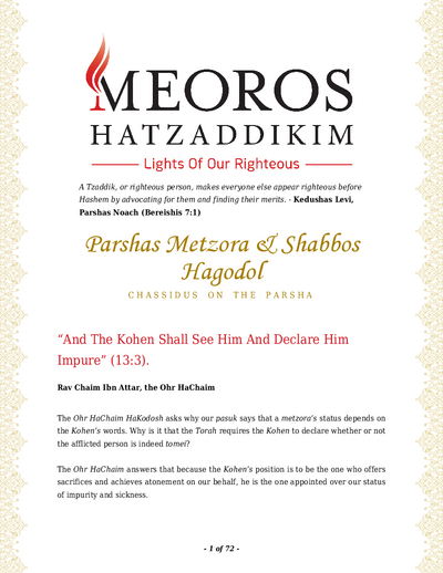 Me'oros Hatzaddikim — Parshas Metzora