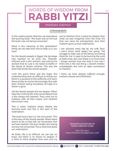Words of Wisdom from Rabbi Yitzi — Parshas Shemos