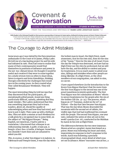 Covenant & Conversation — Parshas Acharei Mos-Kedoshim