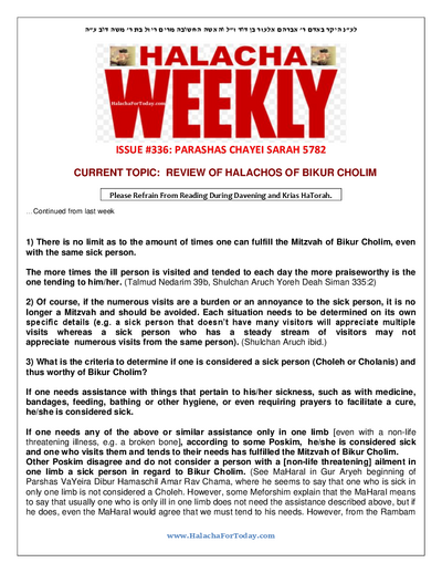 Halacha Weekly — Parshas Chayei Sarah