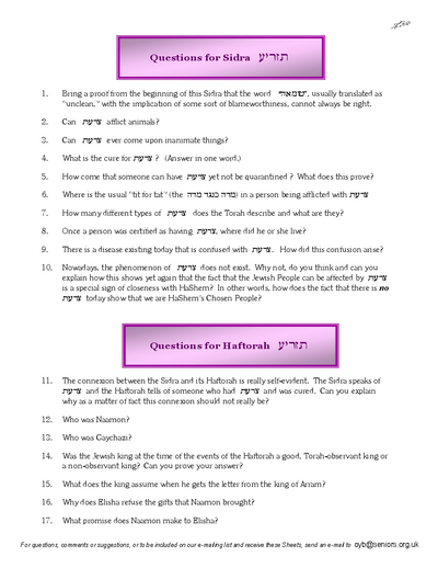 Questions on the Sidra — Parshas Tazria