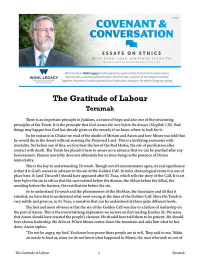 Covenant & Conversation — Parshas Terumah