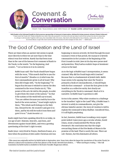 Covenant & Conversation — Parshas Bereishis