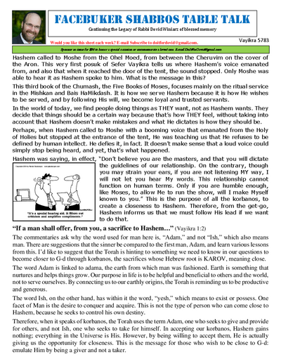 Facebuker Shabbos Table Talk — Parshas Vayikra