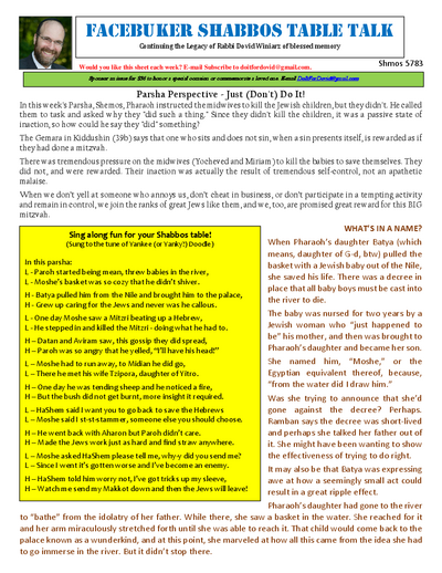 Facebuker Shabbos Table Talk — Parshas Shemos