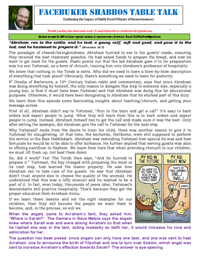 Facebuker Shabbos Table Talk — Parshas Vayeira