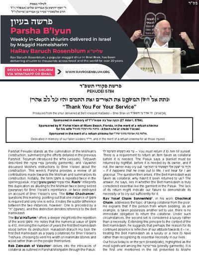 Torah Papers — Parshas Pekudei