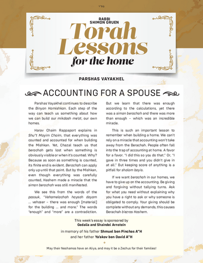Torah Lessons for the Home — Parshas Vayak'hel