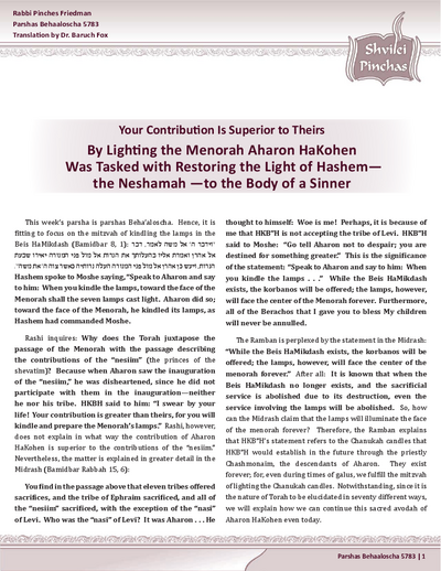 Shvilei Pinchas — Parshas Behaalotcha
