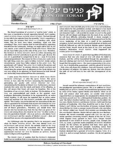 Peninim on the Torah — Parshas Korach