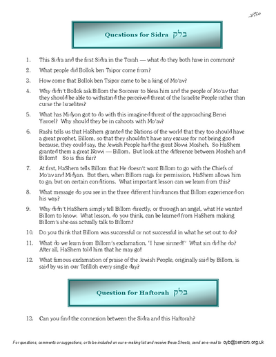 Questions on the Sidra — Parshas Balak