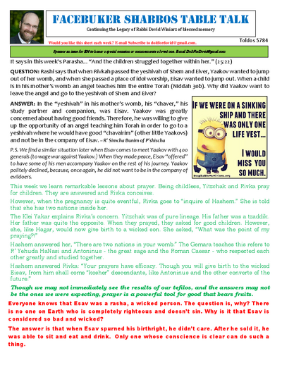 Facebuker Shabbos Table Talk — Parshas Toldos