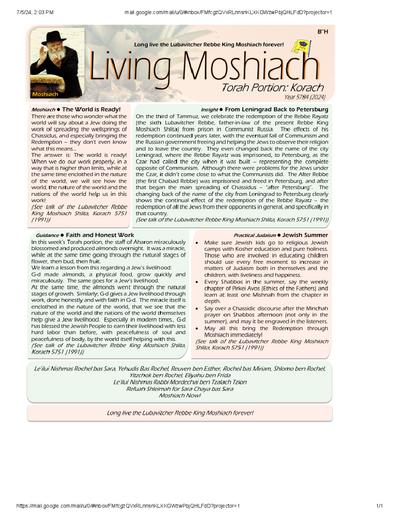 Living Moshiach — Parshas Korach