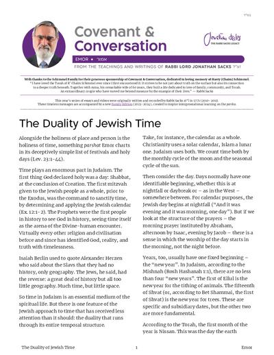 Covenant & Conversation — Parshas Emor