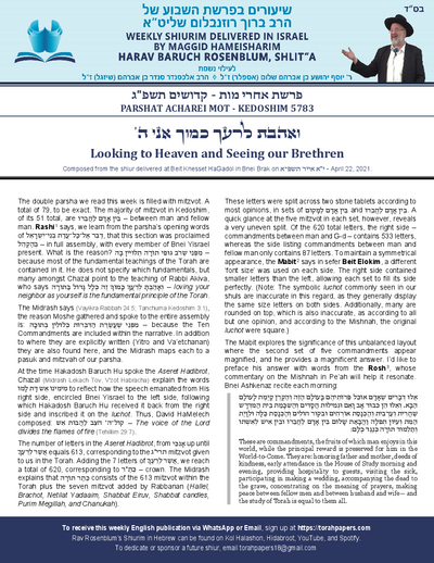 Torah Papers — Parshas Acharei Mos-Kedoshim