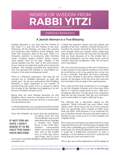 Words of Wisdom from Rabbi Yitzi — Parshas Bereishis