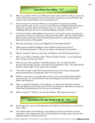 Questions on the Sidra — Parshas Yisro