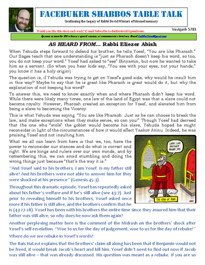 Facebuker Shabbos Table Talk — Parshas Vayigash