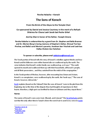 Parsha Halacha — Parshas Korach