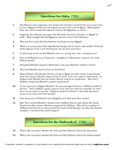 Questions on the Sidra — Parshas Shemos