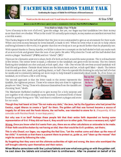 Facebuker Shabbos Table Talk — Parshas Ki Sisa