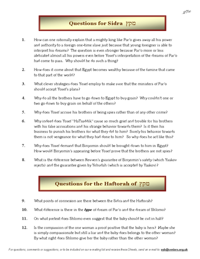 Questions on the Sidra — Parshas Mikeitz